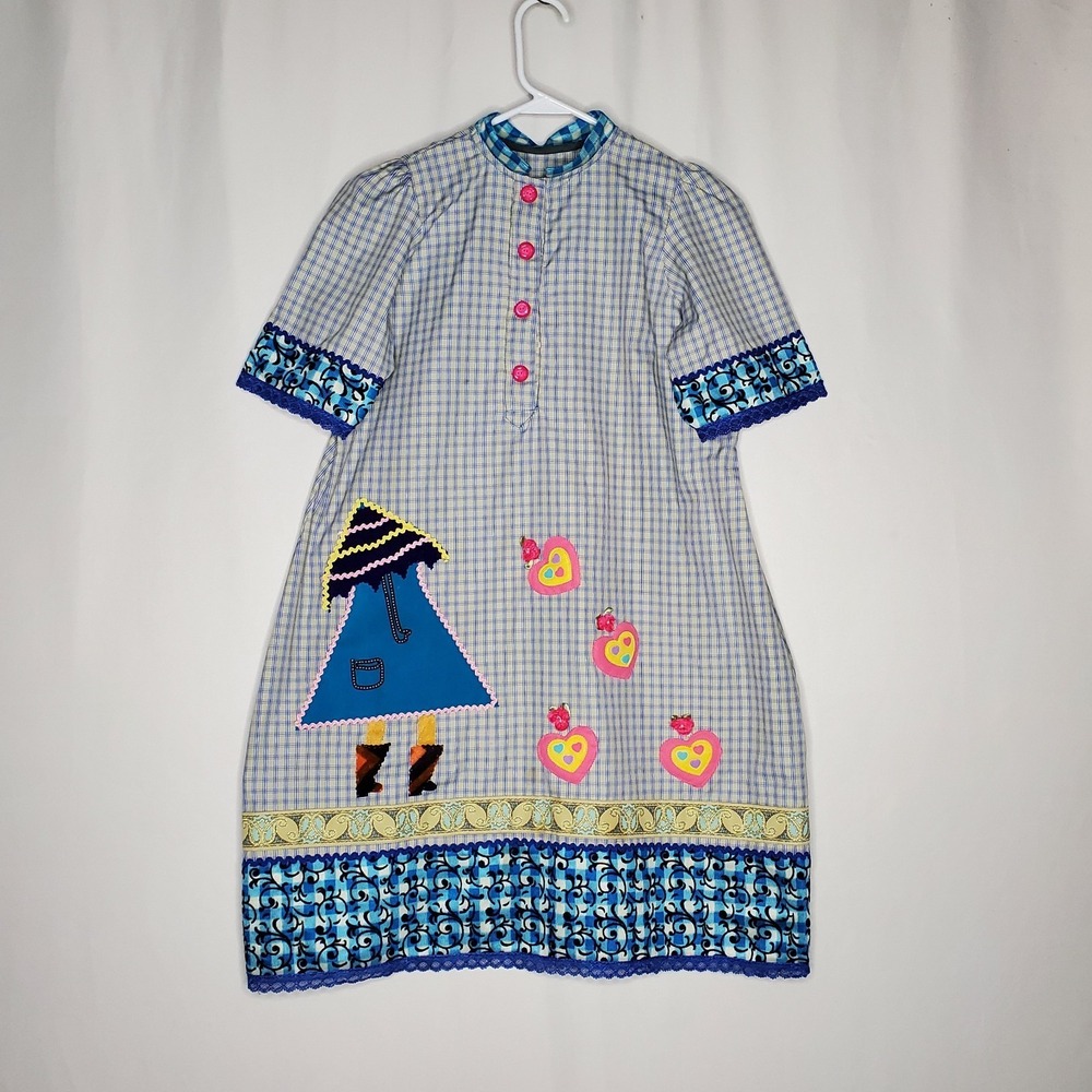 Kidcore Artsy‎ Set Tunic Crop Pants Women Small Blue Plaid Embroidered